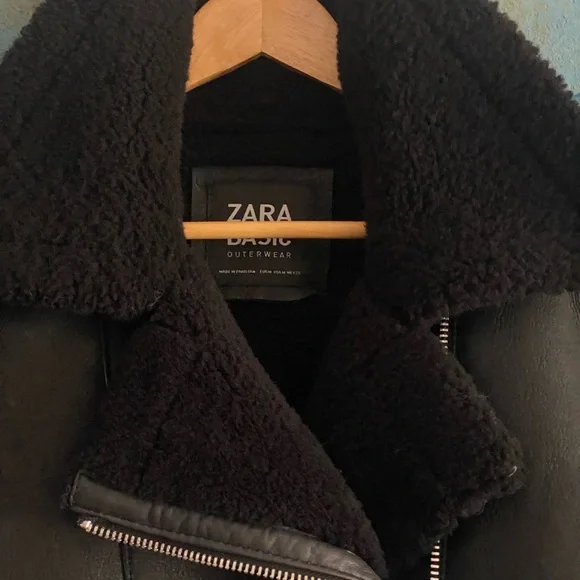 Zara Black Leather Shearling Jacket - Picture 4 of 6